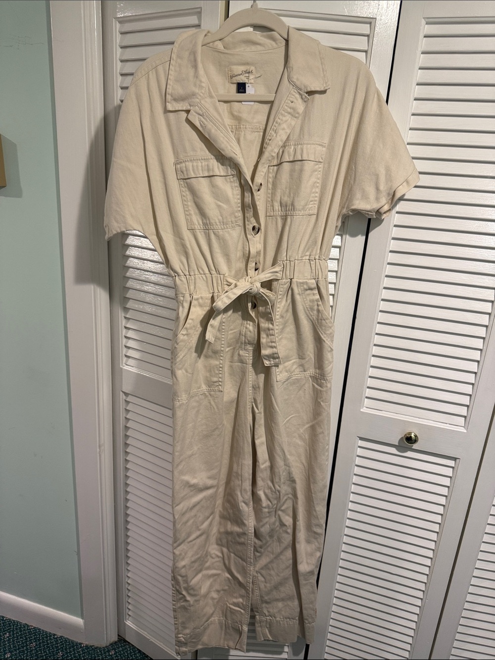 Universal Thread Cream Short-Sleeve Utility Jumpsuit with Tie Waist